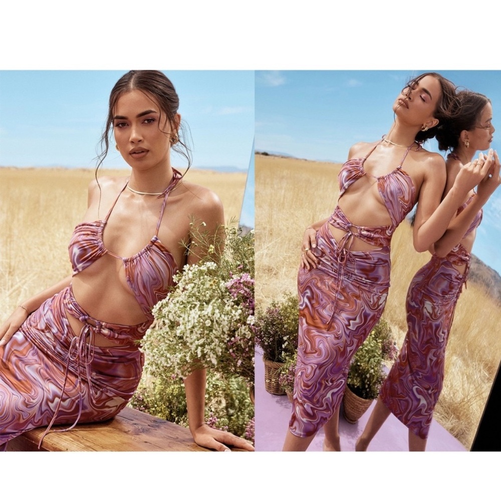 KASIA
House of CB 
PURPLE SWIRL CUTOUT MIDI DRESS
USD $165